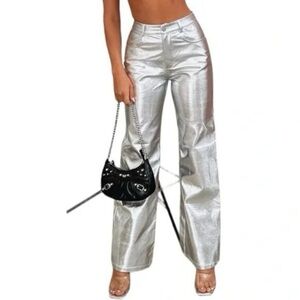 200. NWT WAYF Metallic Silver Faux Leather Pants Small